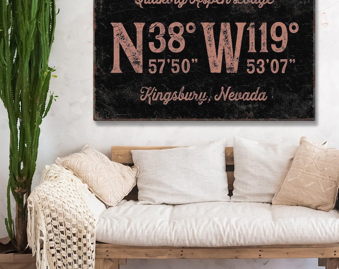 Custom Lodge Sign, Vintage Cabin Coordinates, Coral Pink (Personalized)