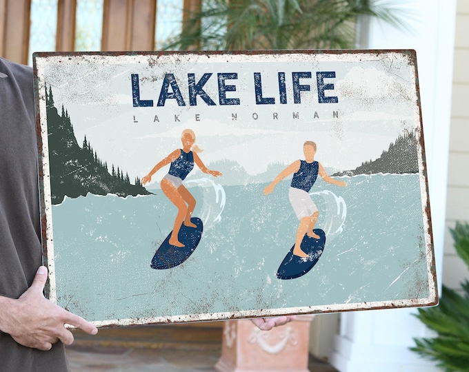 Lake Life Sign, Custom Wakesurfing Gift, Navy Slate Blue Tan Wall Art