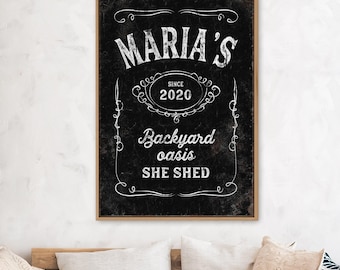 Custom She Shed Sign: Vintage Whiskey Label, Personalized Canvas