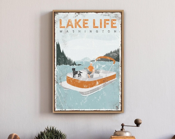 Lake House Pontoon Art, Orange, Black Labrador (Personalized Canvas)