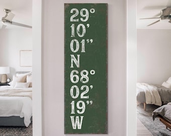 Stacked coordinates on a green cream sign, vine green and rust wall art