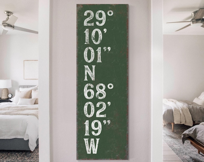 Stacked coordinates on a green cream sign, vine green and rust wall art