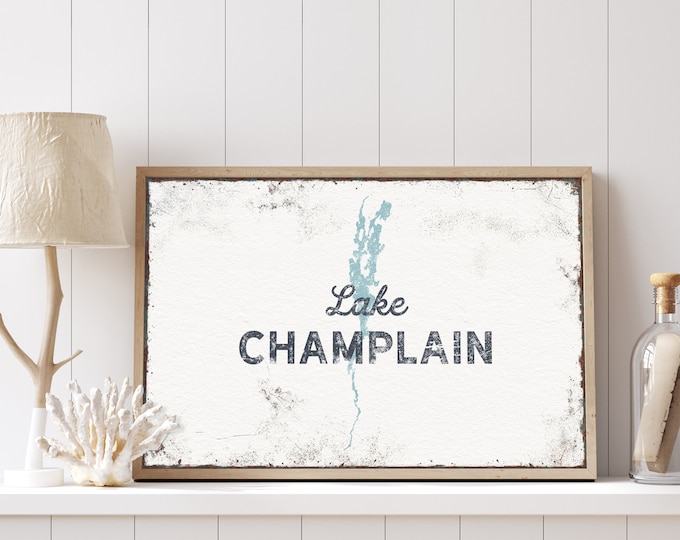 Vintage LAKE CHAMPLAIN Print, Tide Blue and White Canvas Wall Art for Lake House Decor, Personalized Lake Shape, modern farmhouse {lsw}