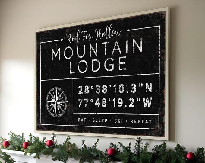 Ski Lodge Wall Sign, Rustic Vintage Style (Custom Family Name & Coordinates)