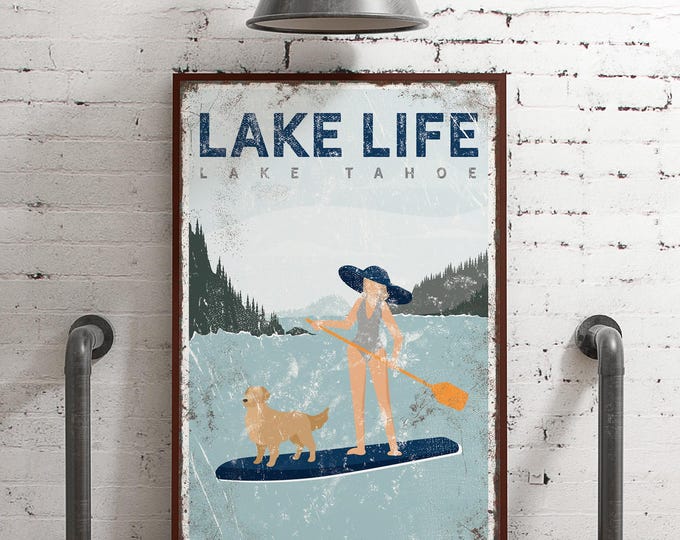 Navy Blue LAKE LIFE Sign with Dog, Vintage Paddle Board Poster with Golden Retriever, Paddleboarding Canvas  for Lake House Decor {vpl}