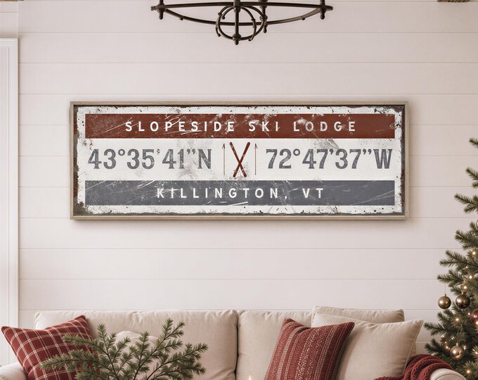 Personalized Ski Lodge Sign, Vintage Style (Custom GPS Coordinates)
