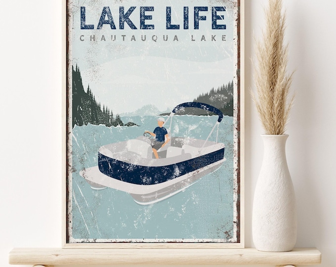 navy blue LAKE LIFE canvas • personalized pontoon boat art for lake house decor • vintage farmhouse decor • Chautauqua Lake poster {vpl