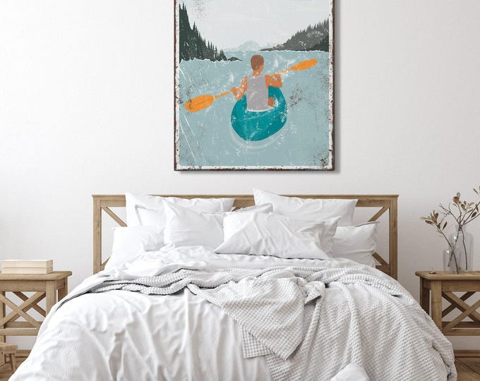 Lake House Wall Sign, Vintage Kayak Art, Teal Paddle (Custom Text)