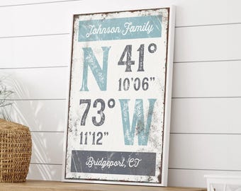 GPS Coordinates Wall Sign - Personalized Last Name, Beach or Farmhouse Decor