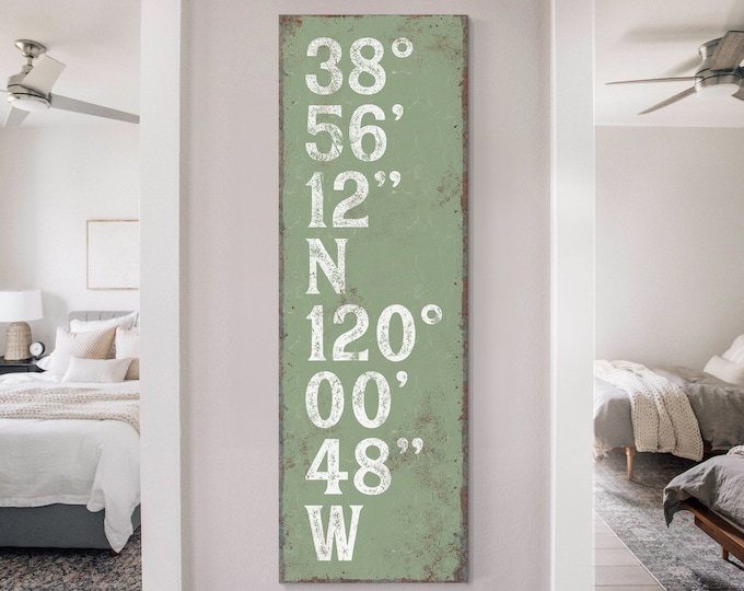 Vintage Coordinates Wall Art, Seagrass Green Canvas Art Print, Retro Typography Sign for Modern Farmhouse Decor {tgb}