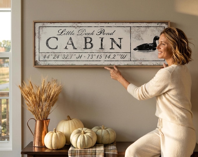 Cabin Wall Sign: Rustic Duck Graphic - Custom Coordinates Art