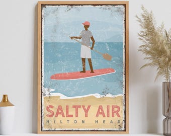 Coral Sign with Paddleboarder, Personalized Beach Town Wall Art, Coastal Gift for Him