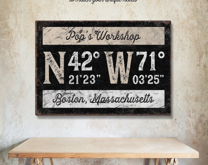 Cream Wall Art Workshop Sign, Coordinates and Custom Name on Black