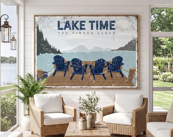 Navy Lake Time Sign - Four Blue Adirondack Chairs, Retro Style