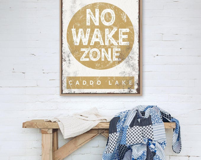 Vintage No Wake Zone Sign - Rustic Yellow Lakehouse Wall Art