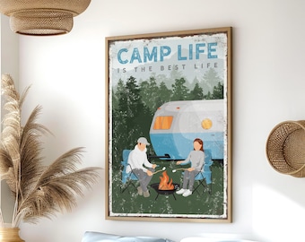 Camping Wall Art: Personalized Couple Scene (Rustic Cabin Style)