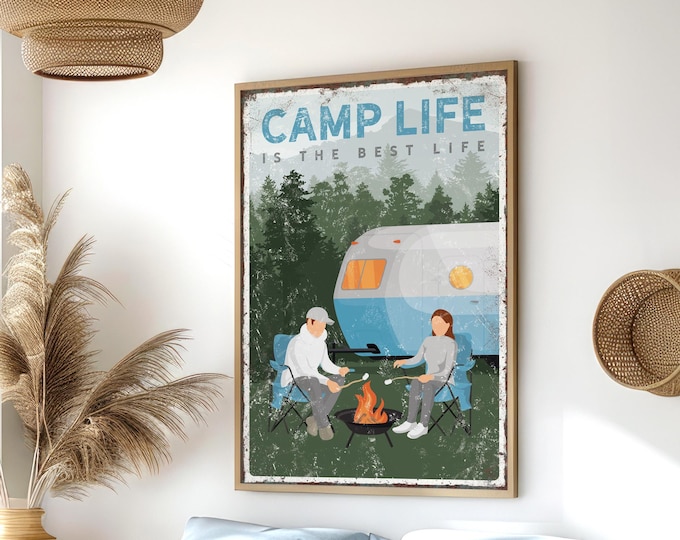 Camping Wall Art: Personalized Couple Scene (Rustic Cabin Style)