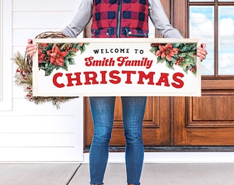 Welcome to Christmas Sign, Personalized Family Christmas Canvas, Poinsettia and Holly Berry Border, Last Name Christmas Canvas Wall Art