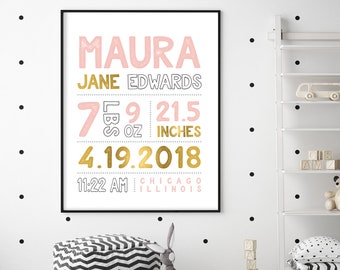 modern BIRTH STATS SIGN (printable or canvas poster) – girl baby stats, pink gold and black nursery name sign, baby girl gift idea