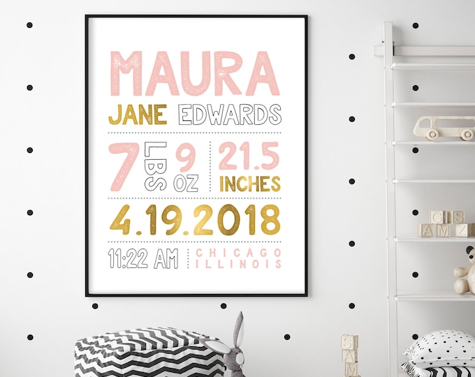 modern BIRTH STATS SIGN (printable or canvas poster) – girl baby stats, pink gold and black nursery name sign, baby girl gift idea