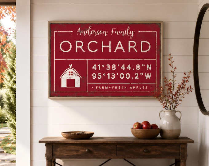Anderson Family Orchard Sign, Personalized Coordinates Print