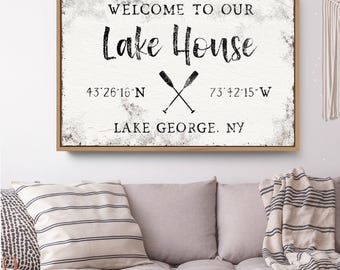 Vintage Lake House Canvas - Latitude Longitude with Boating Theme