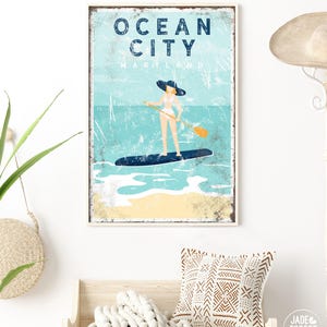 Ocean City sign &gt; personalized vintage beachhouse decor with paddleboart artwork, ocean art for nautical beach house, OCMD Maryland {vpb}