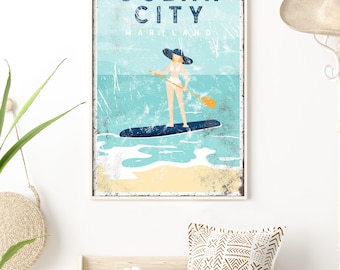 Ocean City sign > personalized vintage beachhouse decor with paddleboart artwork, ocean art for nautical beach house, OCMD Maryland {vpb}