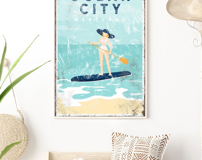 Ocean City sign > personalized vintage beachhouse decor with paddleboart artwork, ocean art for nautical beach house, OCMD Maryland {vpb}