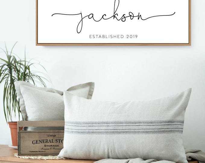 canvas LAST NAME sign, personalized farmhouse print, script family name & year established, retro shabby chic boho wall art canvas {s}