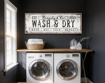 personalized WASH & DRY sign • custom laundry room decor • antique white farmhouse decor • vintage wall art gift {svw}