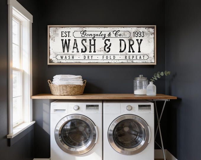 personalized WASH & DRY sign • custom laundry room decor • antique white farmhouse decor • vintage wall art gift {svw}