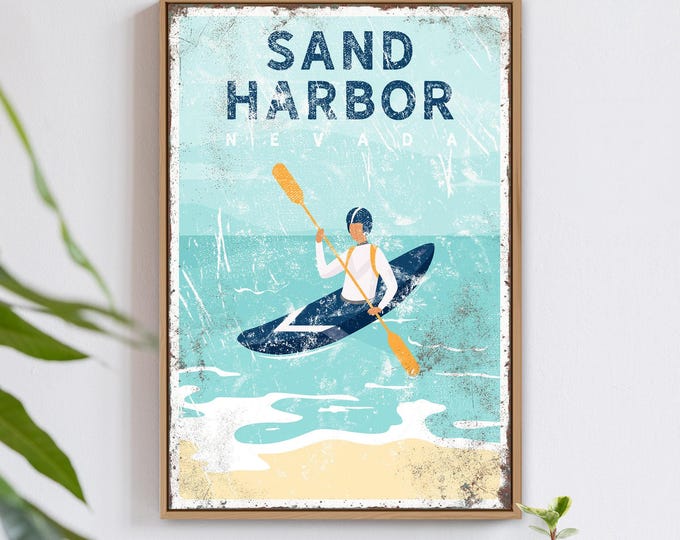 vintage beachhouse decor > kayaking wall art canvas for nautical beach house decor, kayak artwork, Sandy Beach sign, Nevada art print {vpb}