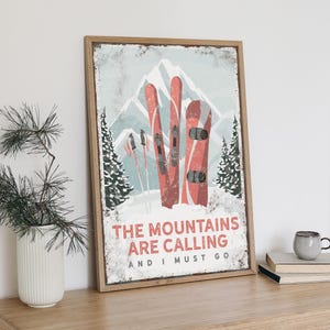 Mountain Wall Art, Skiing Wall Art, Snowboard Sign, Custom Lodge Poster, Vintage Winter Decor, Gift for Him, Coral Cabin Decoration {vpn}