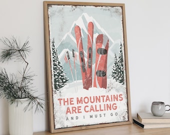 Mountain Wall Art, Skiing Wall Art, Snowboard Sign, Custom Lodge Poster, Vintage Winter Decor, Gift for Him, Coral Cabin Decoration {vpn}