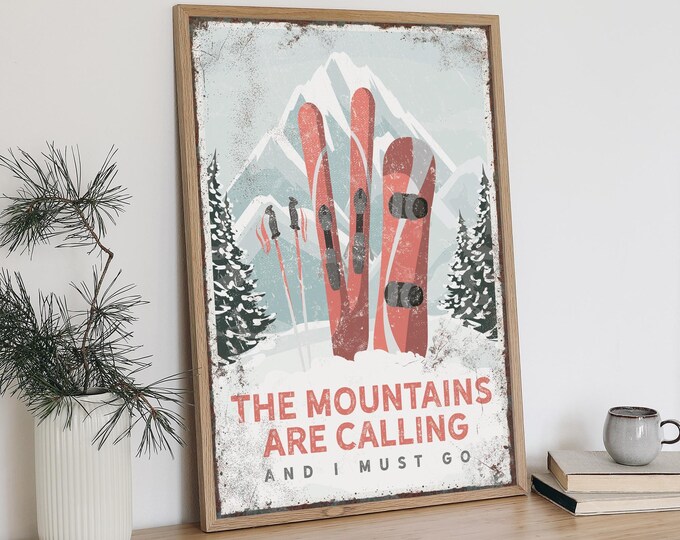 Mountain Wall Art, Skiing Wall Art, Snowboard Sign, Custom Lodge Poster, Vintage Winter Decor, Gift for Him, Coral Cabin Decoration {vpn}