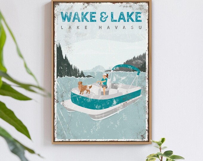 teal blue WAKE & LAKE canvas • personalized pontoon boat art for lake house decor • vintage Lake Havasu poster with Golden Retriever {vpl}