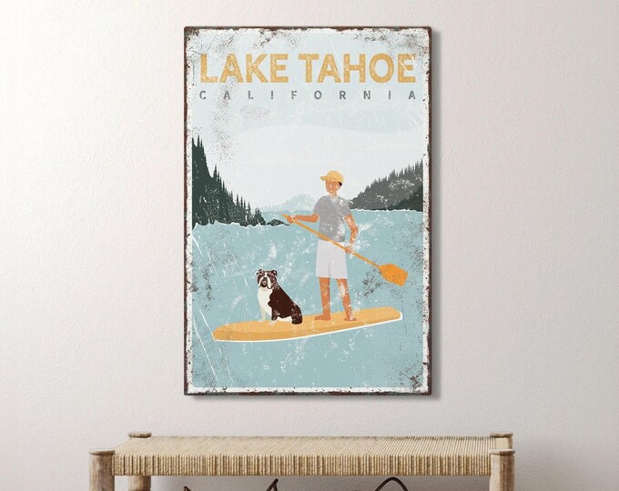 Lake House Paddleboard Sign, Vintage Style, Man and Bulldog (Custom Text)