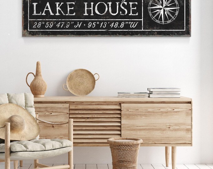 Rustic Lake House Sign - Personalized Coordinates with Compass Rose