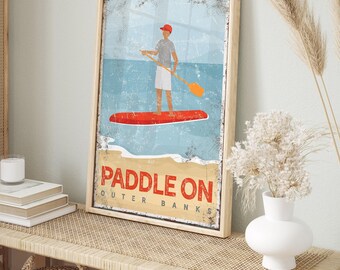 red PADDLE ON SIGN, vintage paddleboard art, for beach house decor, personalized paddleboarding canvas, outer banks north carolina art {vpb}