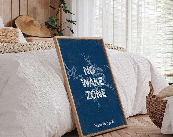 No Wake Zone Sign, Custom Lake Name Wall Art, Navy Lake House Decor Gift for Boaters