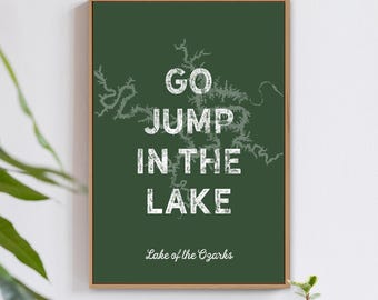 Go Jump In The Lake Sign, Custom Lake Map Art, Forest Green And Cream Wall Decor