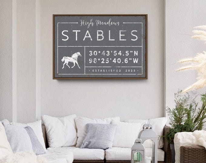 Horse silhouette stables sign, couple silhouette art with place name and coordinates