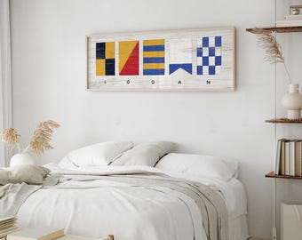 Nautical Flag Name Sign - Custom Text, Rustic Lake House Decor