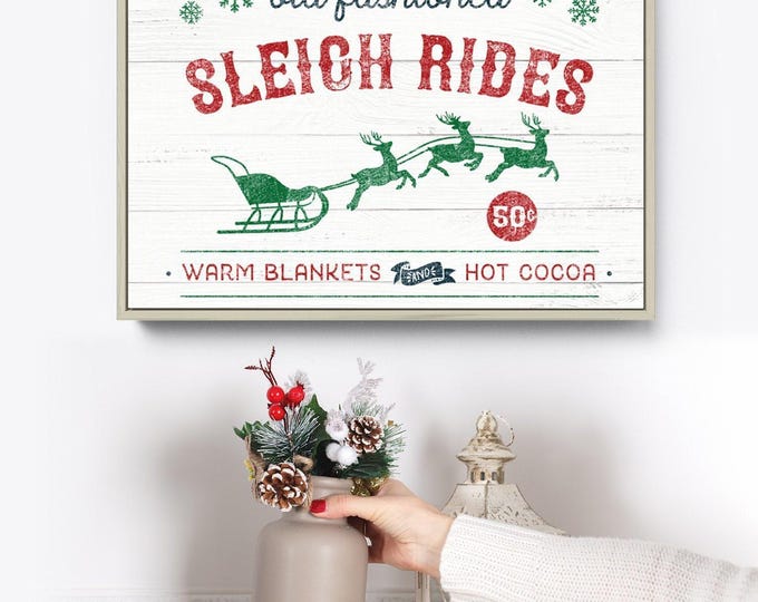 Sleigh Rides Sign, Personalized Old Fashioned Reindeer Team in Green and Red, Christmas Decor
