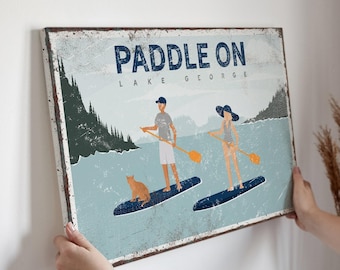 Personalized Lake House Sign, Couple Paddleboarding with Cat, Vintage Wall Art