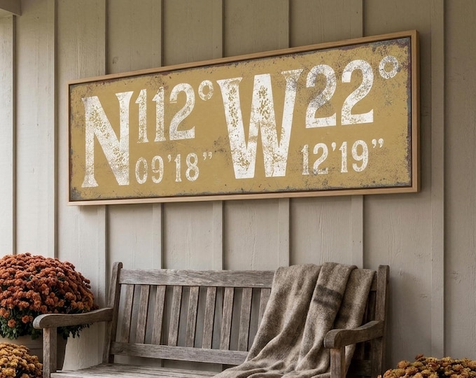 Large typographic sign of your latitude and longitude, saffron and white art