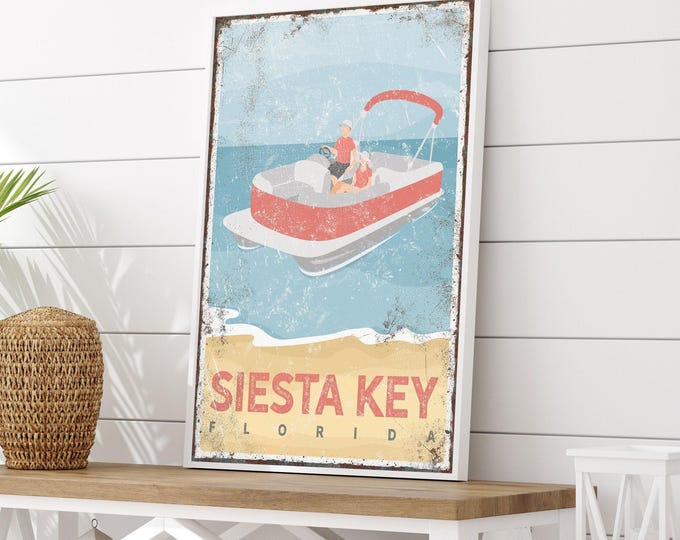Custom PONTOON BOAT Sign with Couple, Personalized Beach House Canvas Print, Siesta Key Florida, Beach Gift for Her, Coral Beach Decor {vpb}