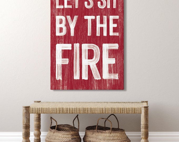 Let's Sit By the Fire Sign: Red & White Modern Cabin Wall Art