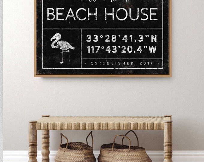 Personalized Flamingo Art Print: Rustic Beach Sign with Coordinates